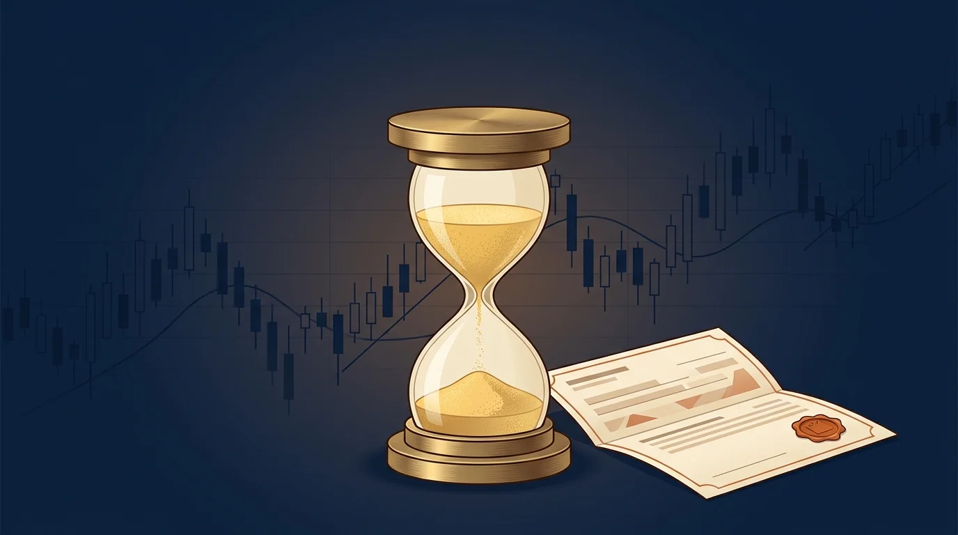 Brass hourglass with gold sand mid-flow and paycheck document on deep navy, financial planning for young professionals