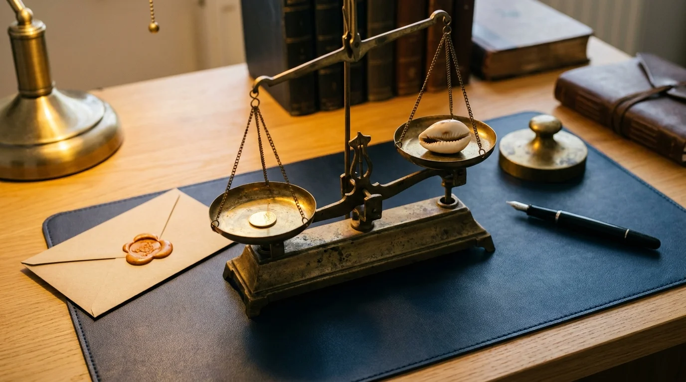 Antique brass scale weighing a small gold coin against a cowrie shell, beside a wax-sealed envelope on a deep-navy leather blotter