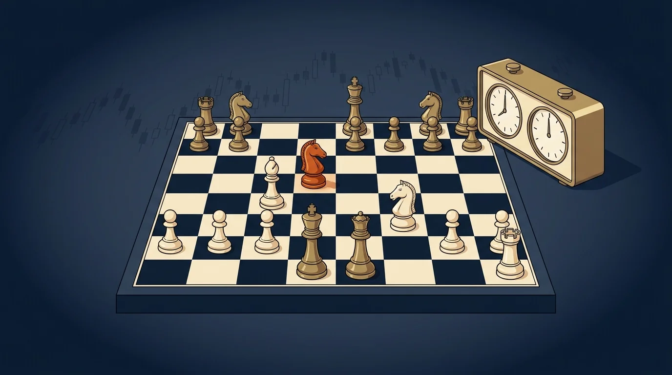 Burnt orange chess knight mid-game on chessboard with brass chess timer, behavioral finance deliberation composition