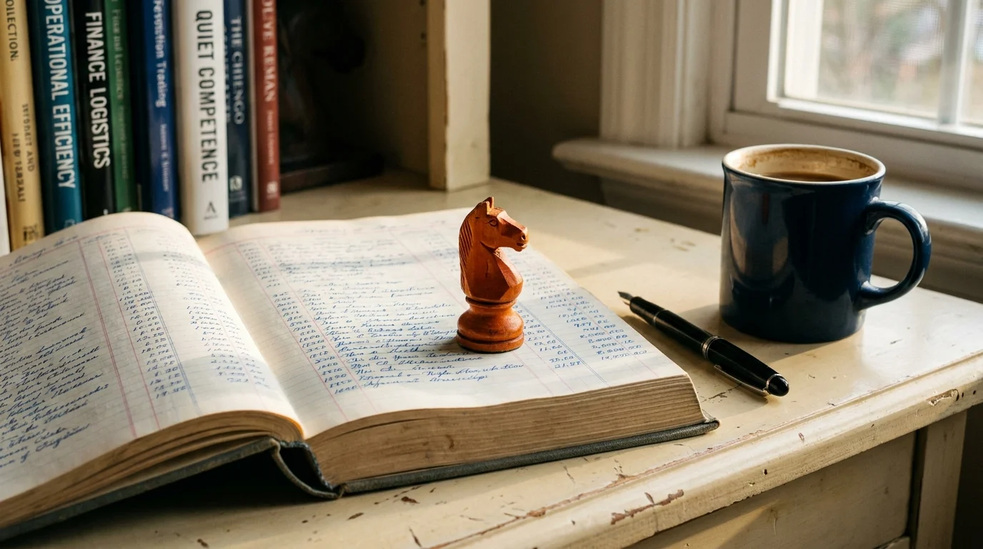 Burnt-orange knight chess piece on an open cash-flow ledger beside a deep-navy mug on an operator's millionaire-mindset desk