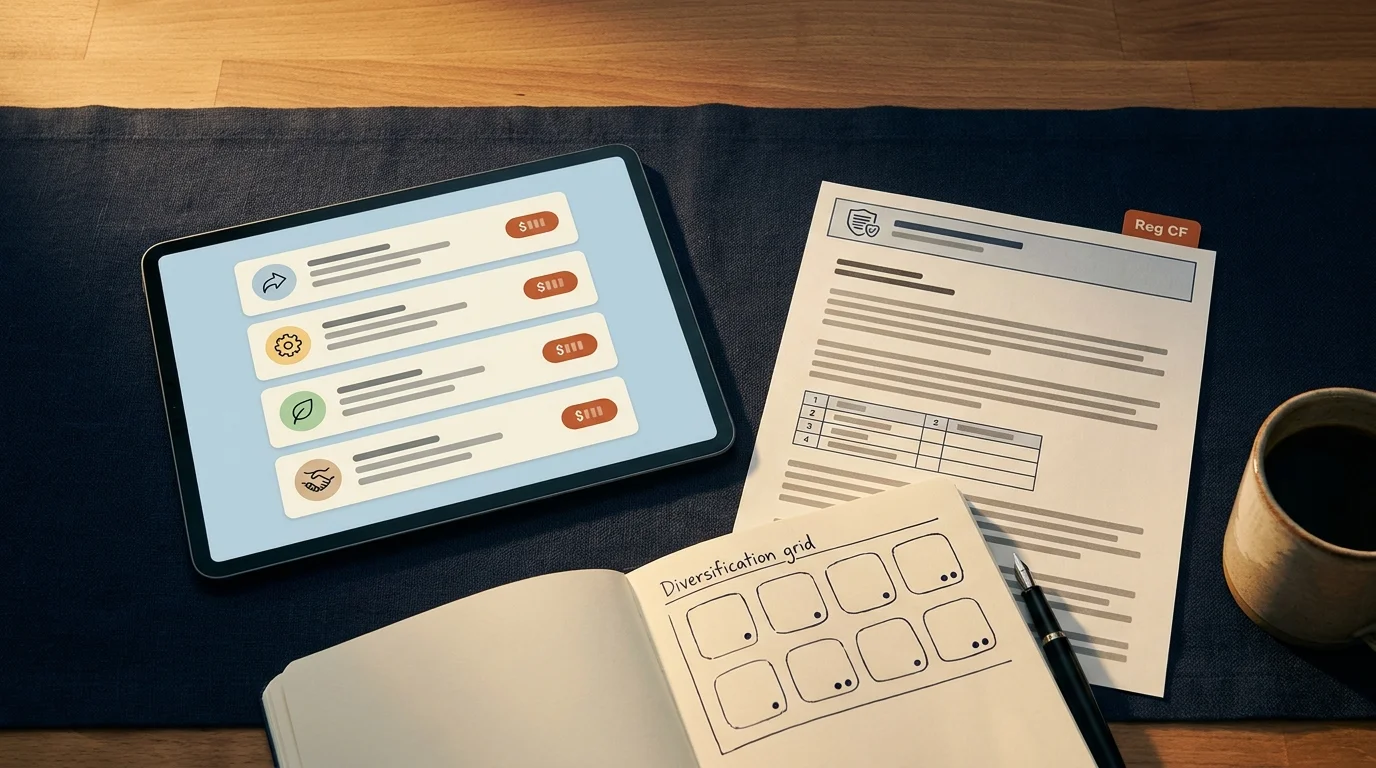 Crowdfunding investment desk: tablet listings, printed Reg CF disclosure, and diversification notebook on a navy desk