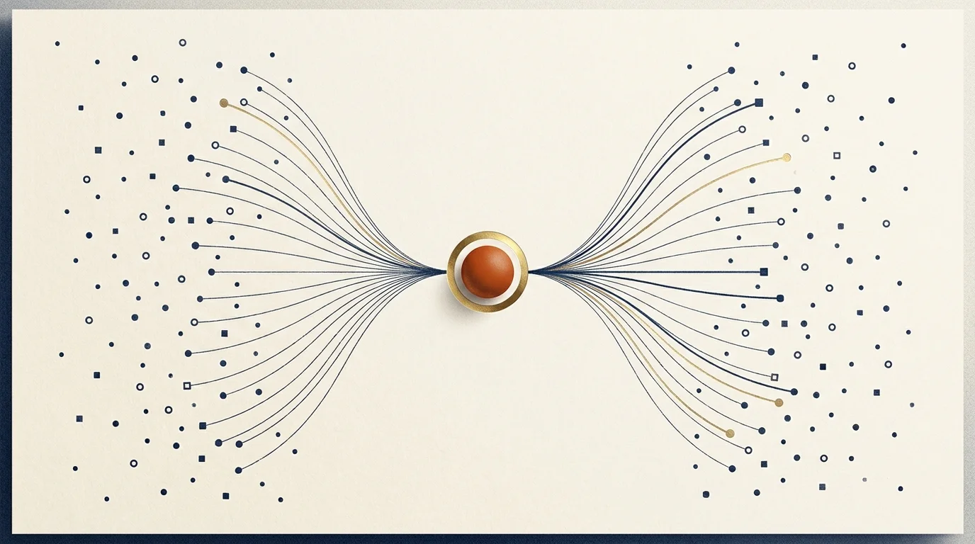 Many small navy contributor nodes converging with thin threads toward a central burnt-orange hub, a crowdsourcing motif
