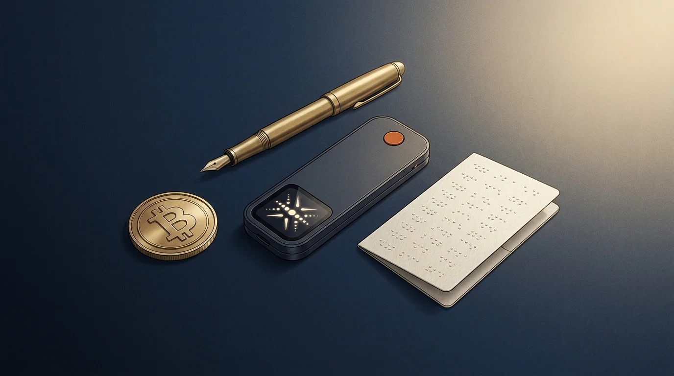 Cryptocurrency for beginners scene: hardware wallet device with a single bitcoin coin and an offline seed-phrase storage card