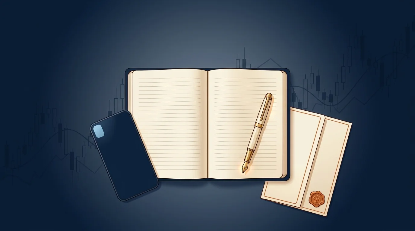 Disciplined trading workspace with decision journal, brass pen, and phone face-down on deep navy, investor psychology toolkit