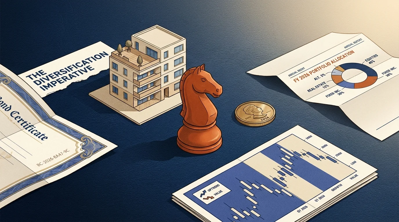Diversified portfolio strategy: burnt-orange chess knight with gold coin, bond paper, REIT model and chart fragments