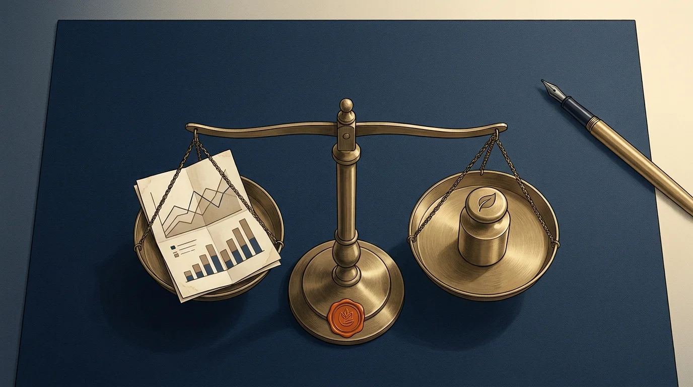 Flat-lay on deep navy: antique brass scale weighing a chart printout against a leaf-stamped weight, burnt-orange seal at base