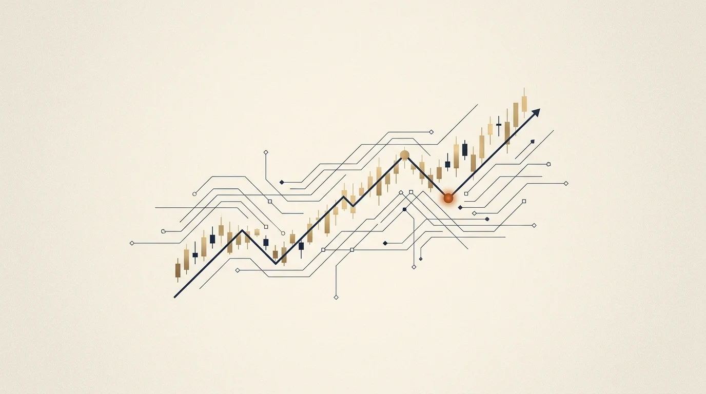 A financial line chart woven with a restrained navy circuit lattice and one burnt-orange node, a sober finance AI motif