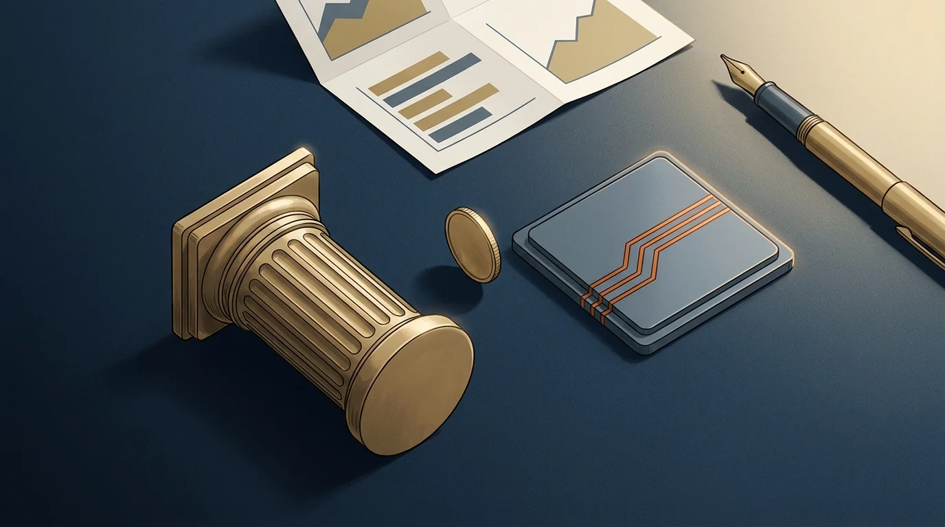 Flat-lay on deep navy: brass Doric column capital and a slate circuit chip with burnt-orange traces, brass coin between