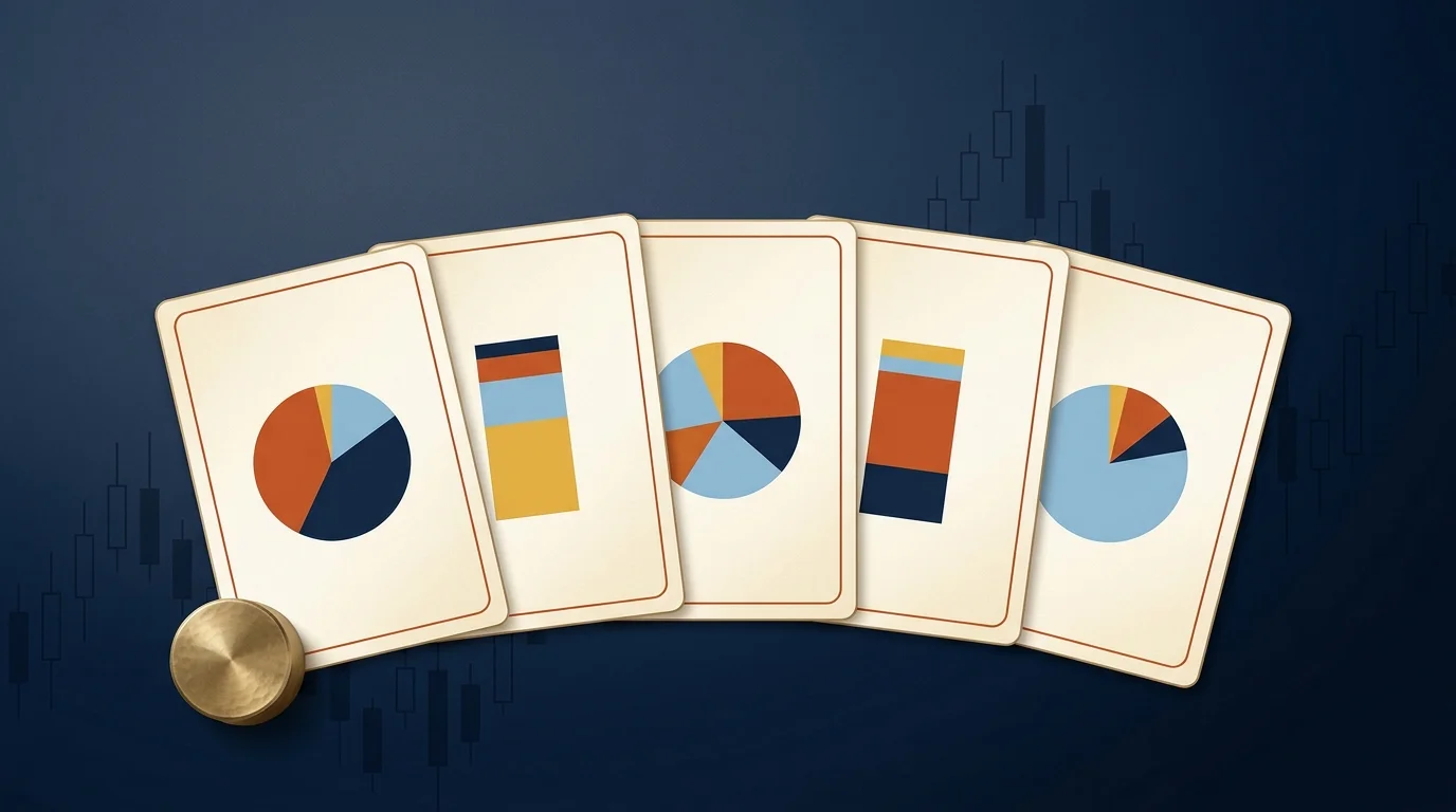 Five portfolio-strategy cards laid in a row on deep navy with a brass paperweight, illustrating investment strategies for 2026