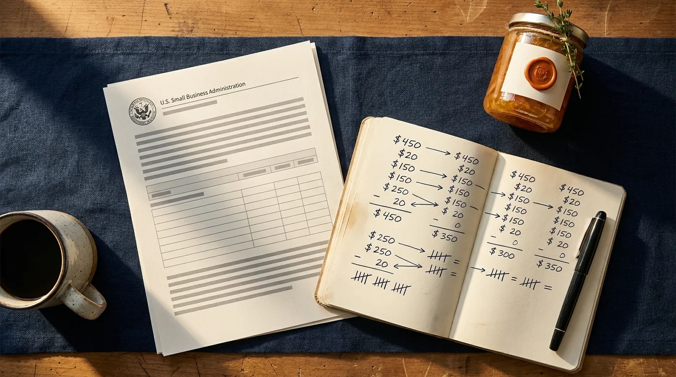 Food entrepreneur flat-lay with SBA loan application, cash-flow notes, and a labelled product jar on a navy linen desk