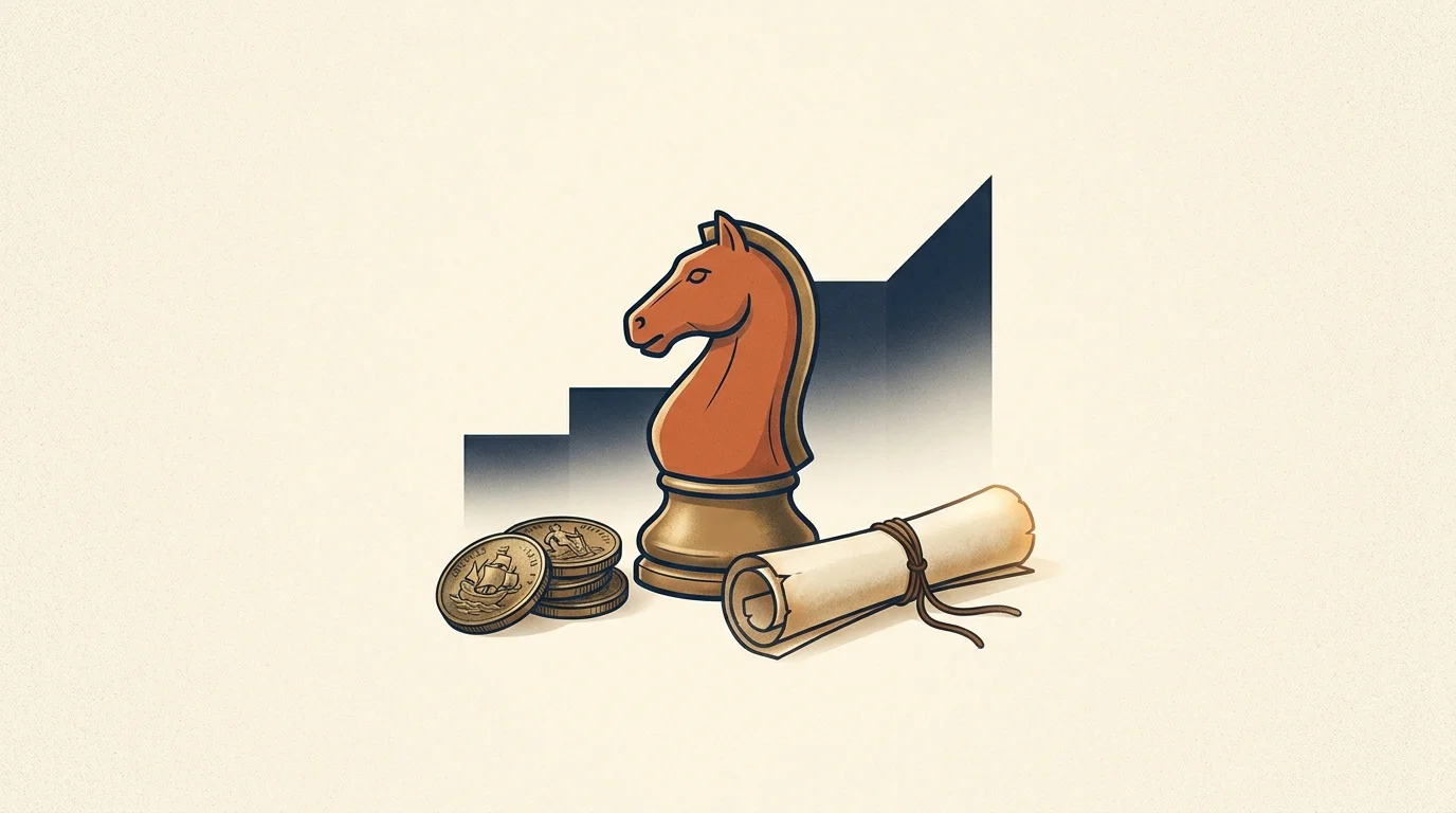Knight chess piece with brass coins and a rolled property deed on warm cream paper, a generational wealth motif
