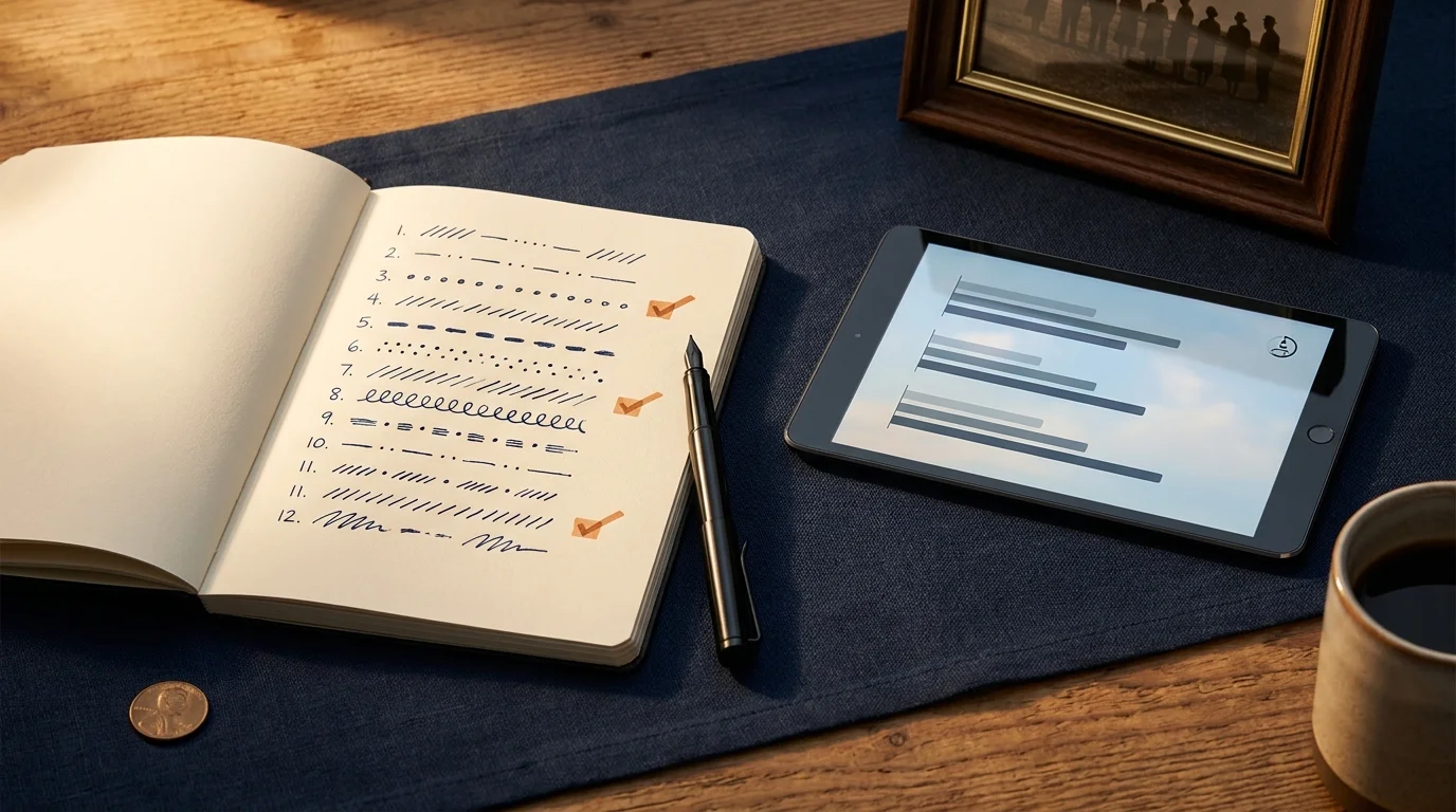 Great depression lessons twelve-point checklist notebook beside a modern tablet and a small sepia photograph on a navy desk