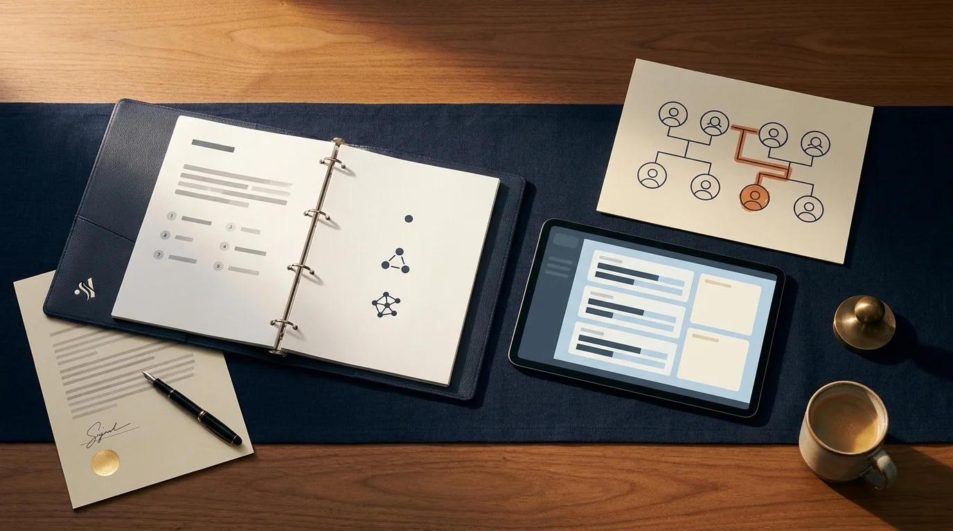High net worth clients planning binder with tablet portfolio view, family-tree diagram, and fountain pen on a navy desk
