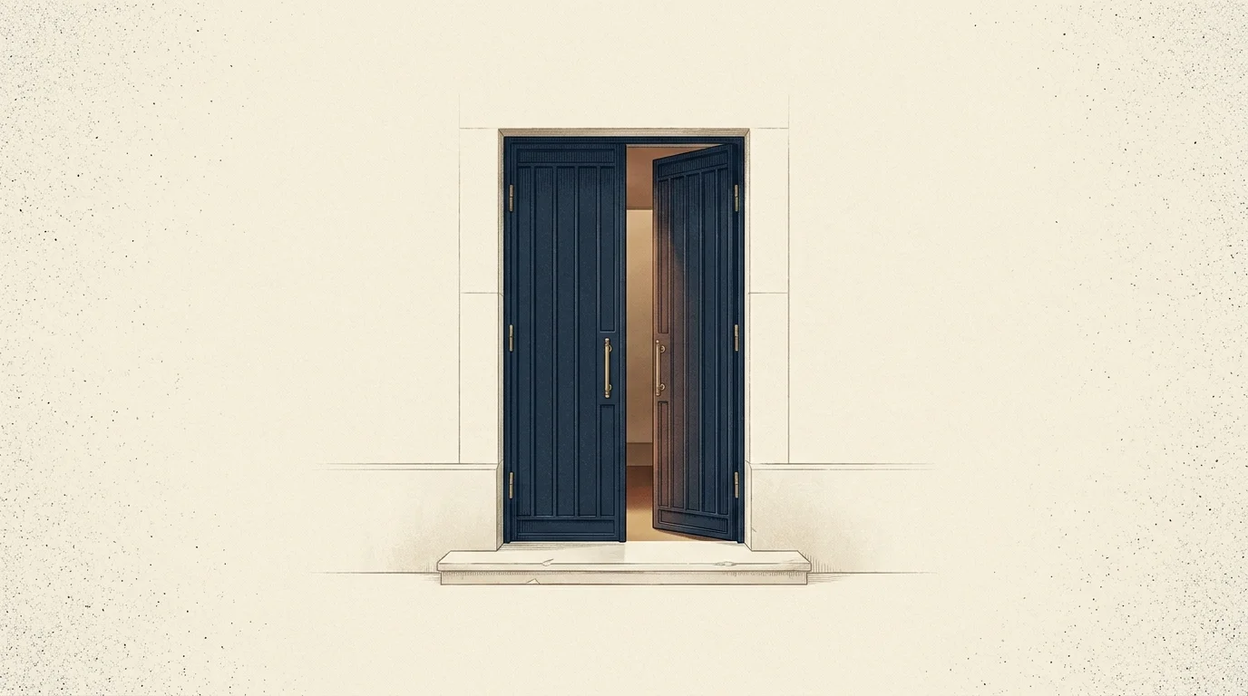 A tall navy-and-brass gate ajar with warm light in the gap, showing how to invest in private equity as access opens