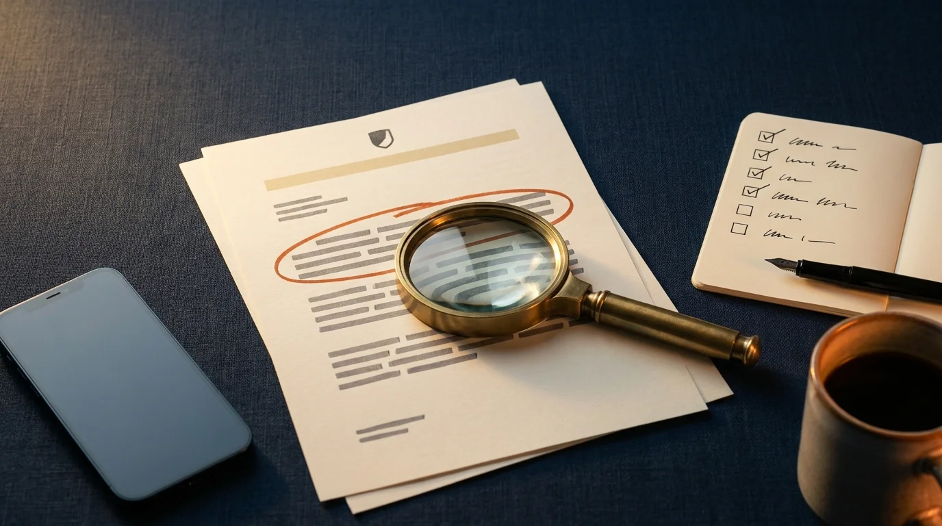 Investment scams due diligence: magnifying glass over a regulator page and verification checklist on a navy desk