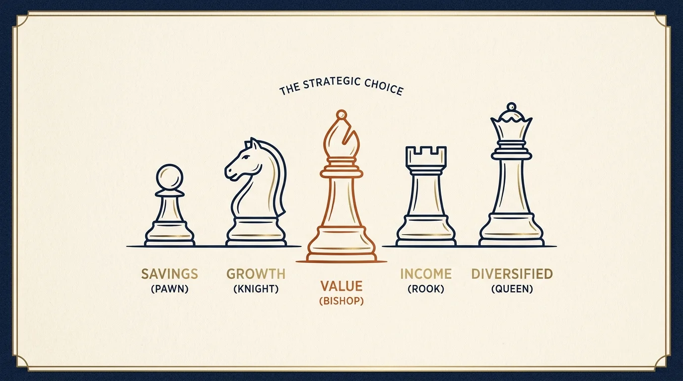 A row of distinct chess pieces on warm cream with one stepped forward in burnt orange, choosing among investment strategies