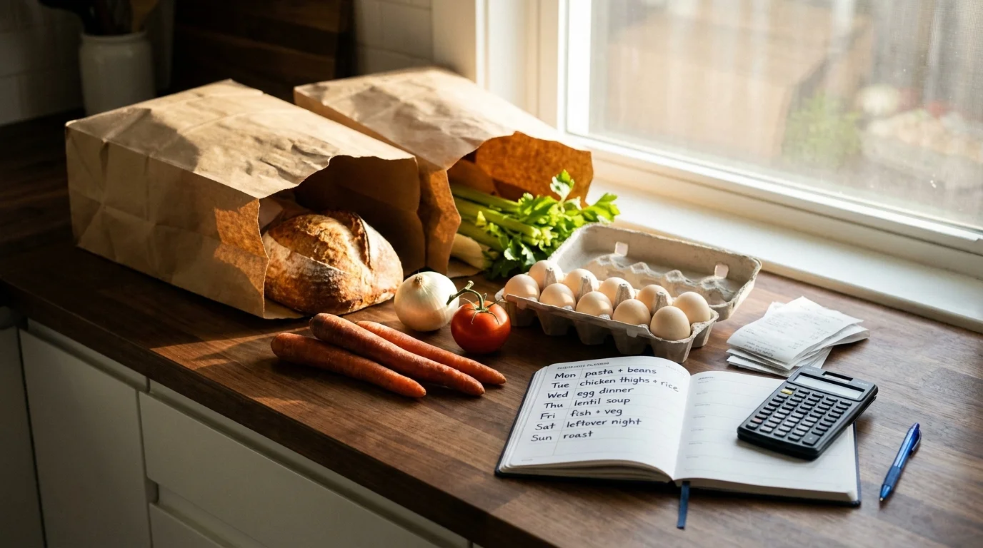 Paper grocery bags, fresh carrots, eggs, and a 7-day notebook on a kitchen counter for meal planning to save money
