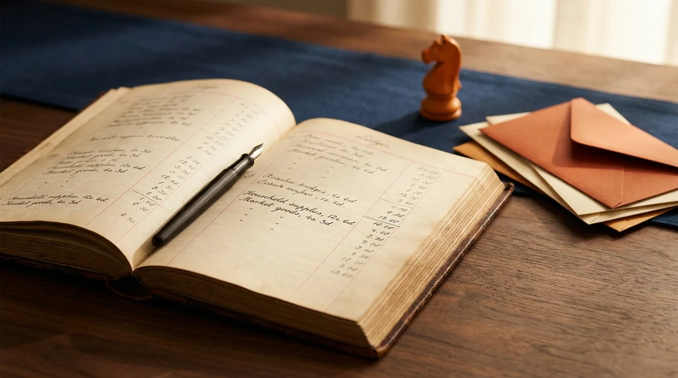 Open ledger and fountain pen with cream and burnt-orange envelopes and a chess knight, a money scripts arrangement on walnut