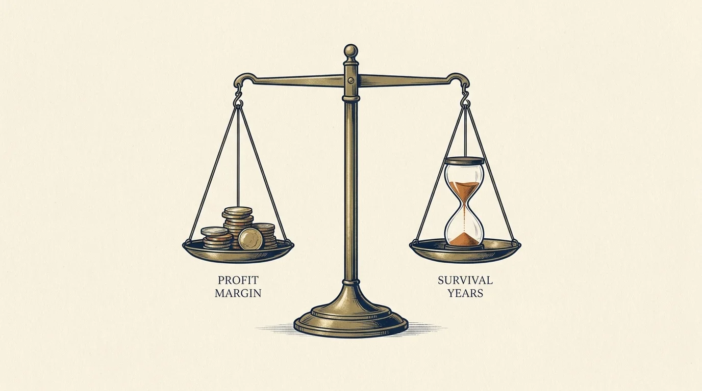 Brass balance scale weighing gold coins against an hourglass on warm cream, a most profitable businesses motif