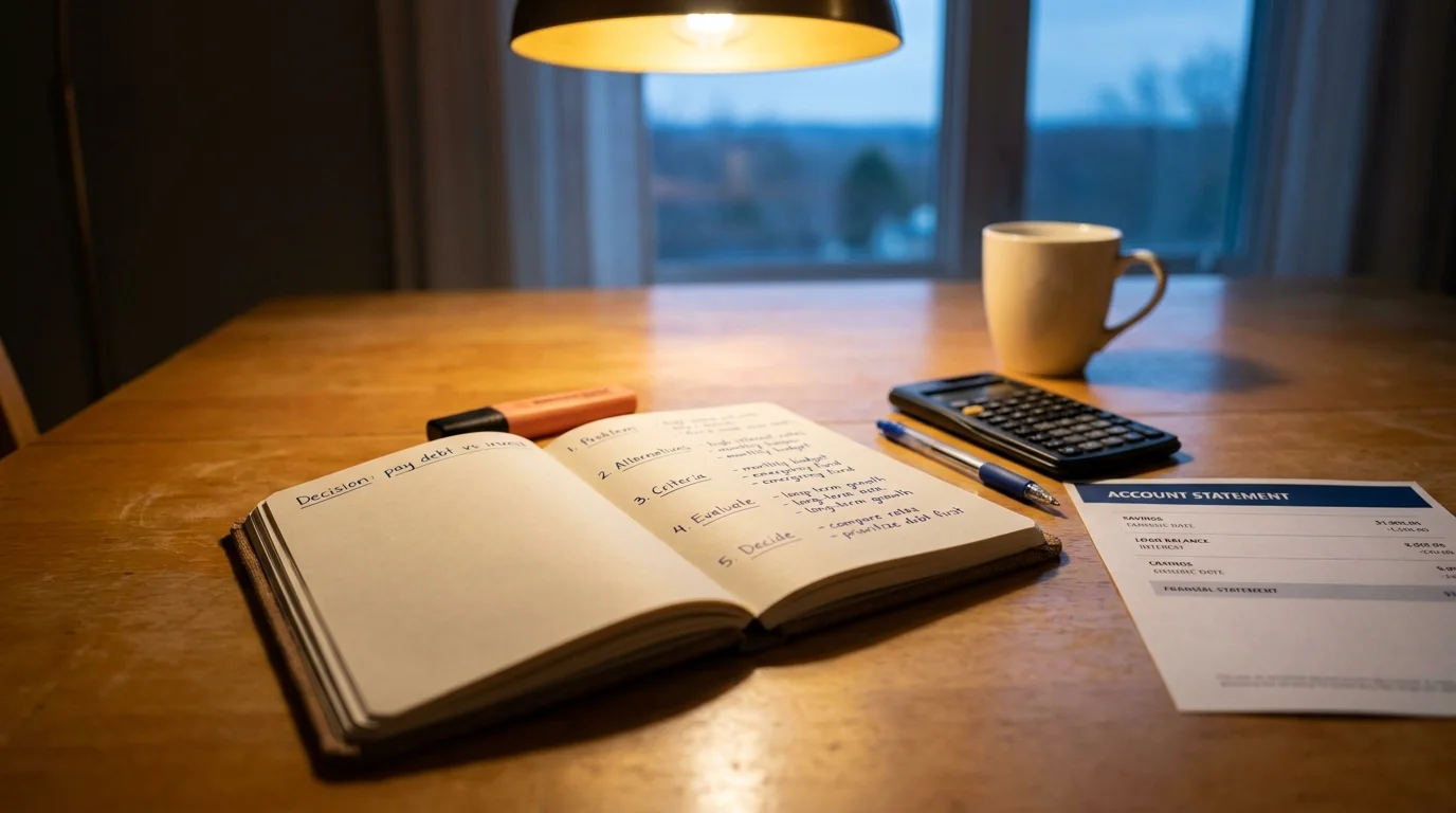 Open notebook of PACED financial decision making framework beside a statement and calculator on a dining table