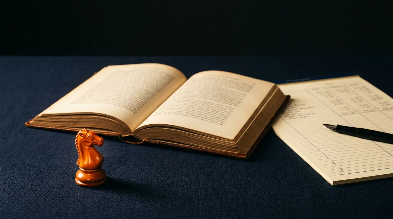 Burnt-orange chess knight beside leather-bound Aristotle and a financial planning ledger, philosophy of money still life
