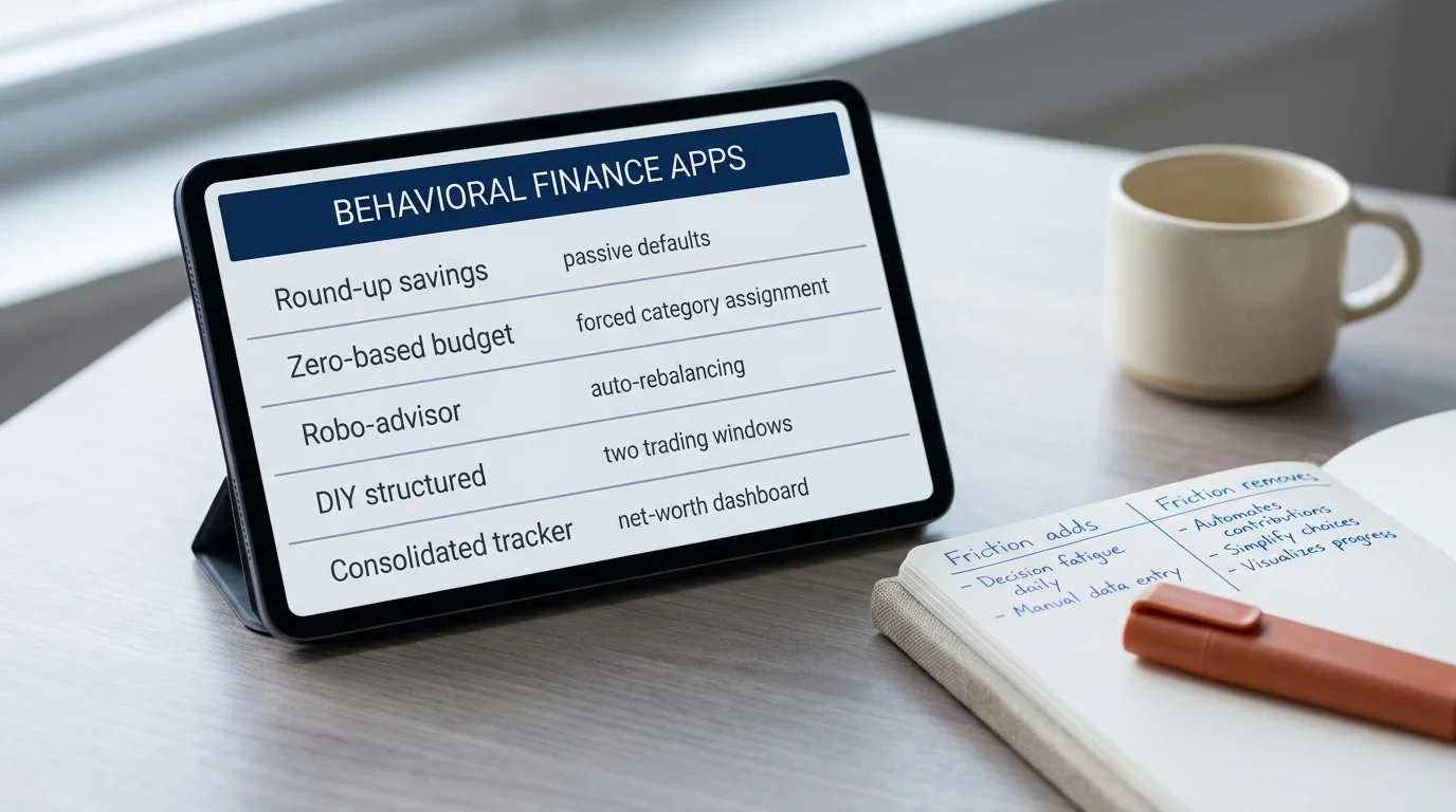 Smartphone showing a five-category behavioral finance apps comparison beside a friction-comparison notebook on a walnut desk
