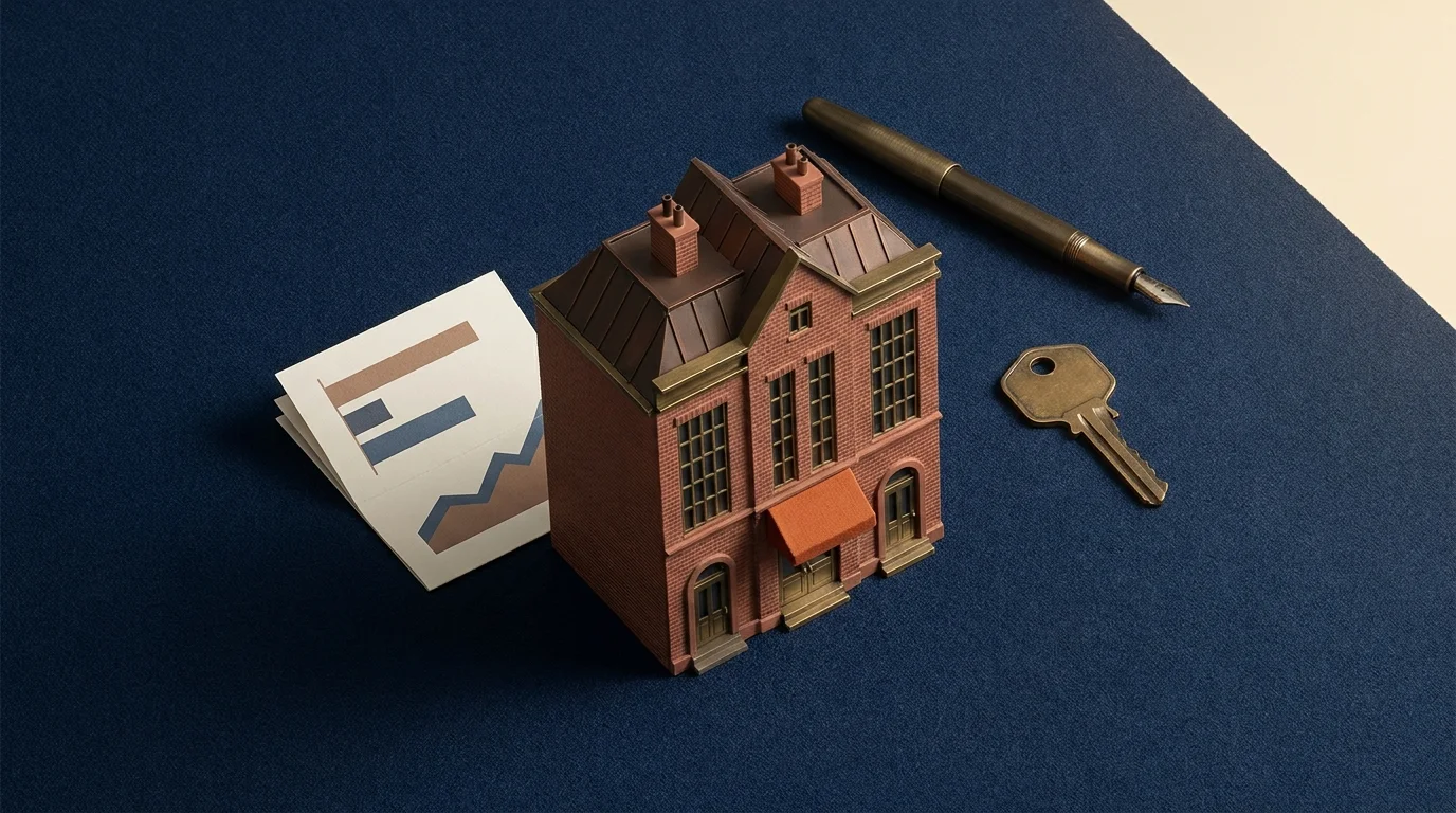 Flat-lay on deep navy: brick triplex model with burnt-orange awning, brass house key, chart printout, and fountain pen