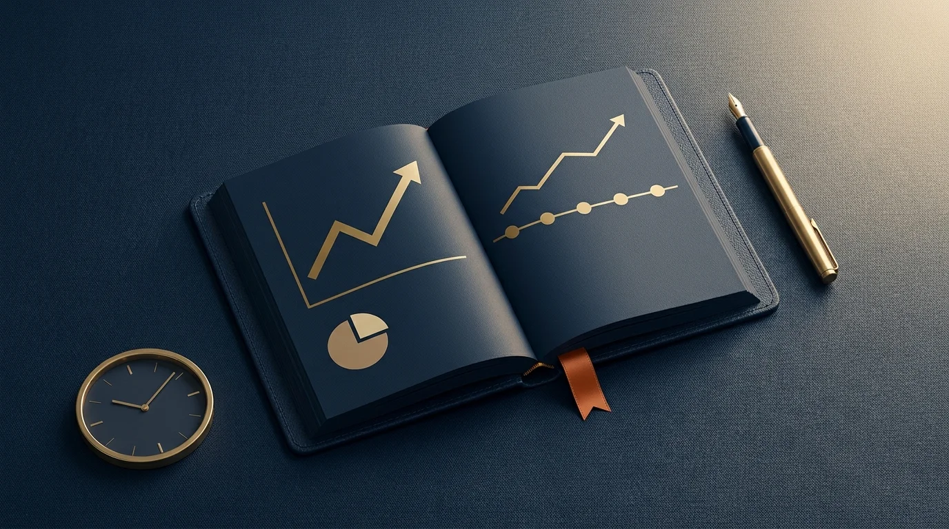 Flat-lay on deep navy: open planner showing growth-line and pie chart, burnt-orange bookmark, brass pen, analog clock