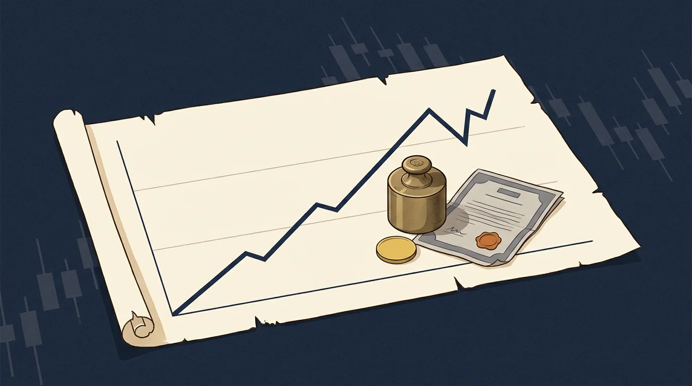Rising inflation chart on cream parchment with brass weights and gold coins, stagflation 2026 hedge composition