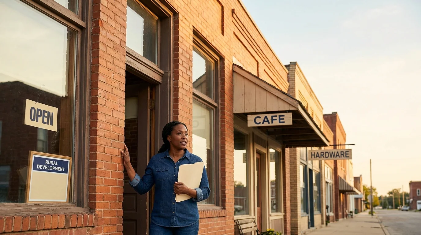 A Black woman founder stands in the doorway of her brick storefront on a rural Main Street, small town business ideas at work