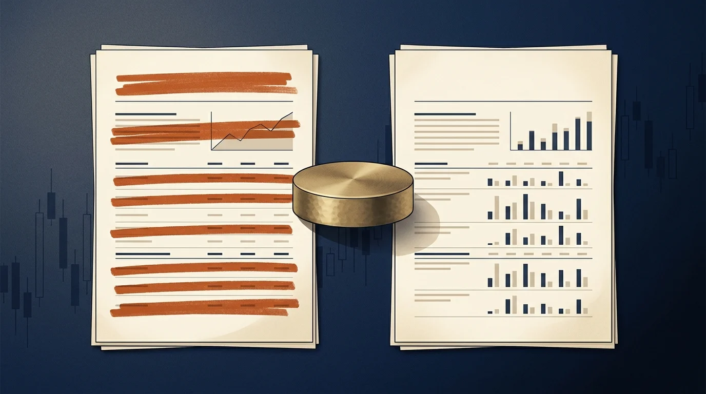 Flat-lay of two sustainable investing fund prospectuses on deep navy with brass paperweight and burnt-orange markings