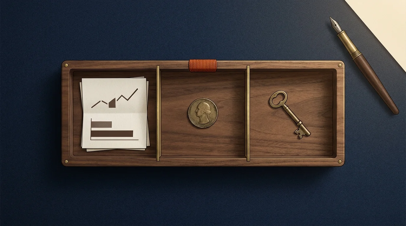 Flat-lay on deep navy: wooden three-compartment sorting tray with burnt-orange thread — chart, coin, brass key, fountain pen