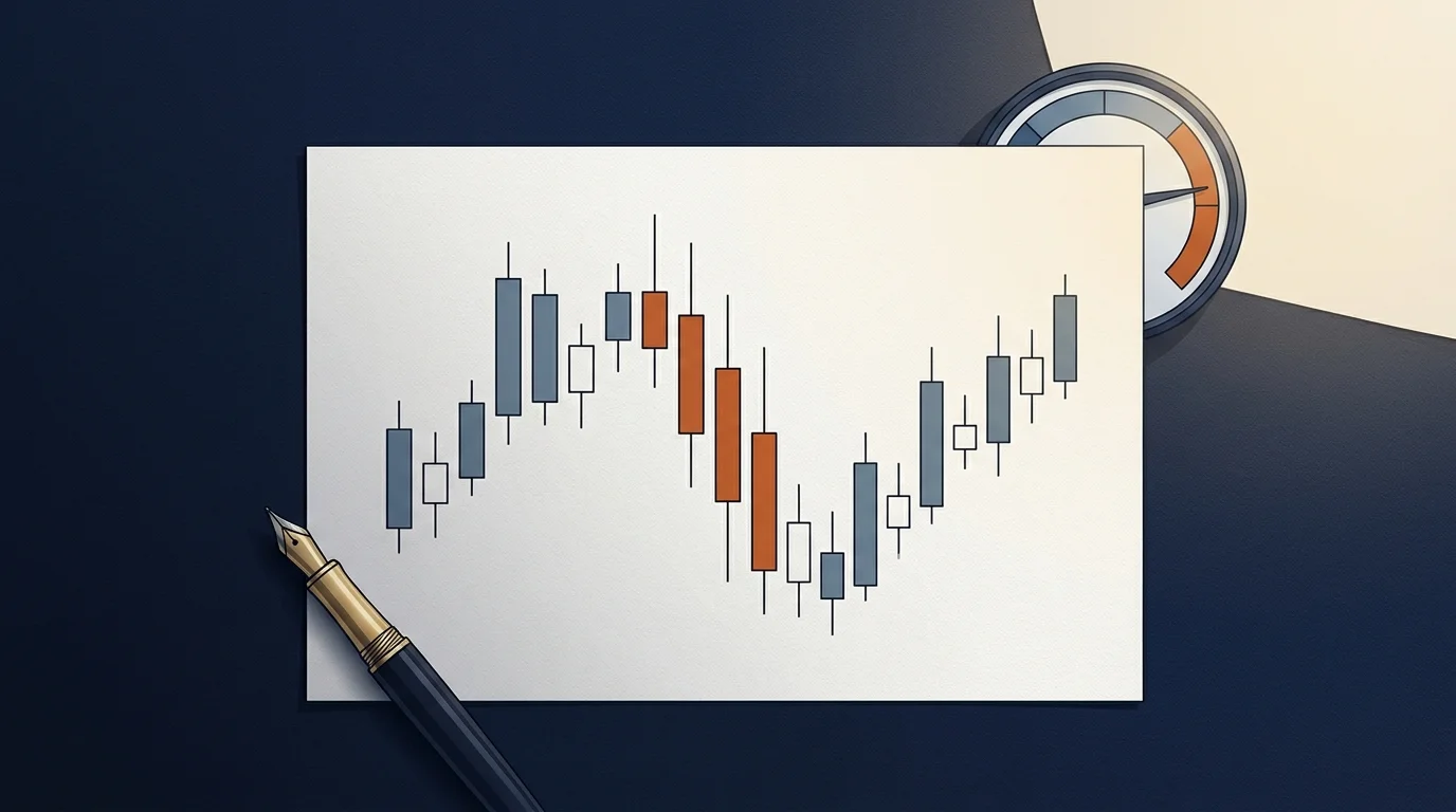 Flat-lay on deep navy: candlestick printout with three burnt-orange candles, brass fountain pen, and a sentiment gauge dial