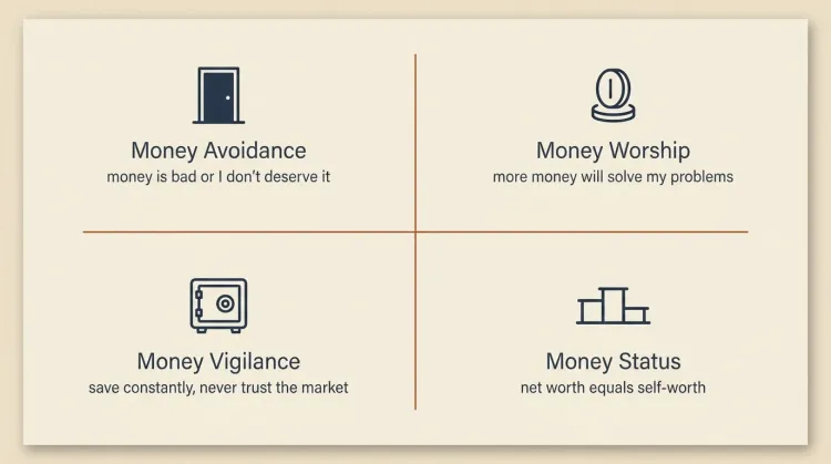Four-quadrant grid showing the Klontz money scripts Avoidance, Worship, Status, and Vigilance with simple icons