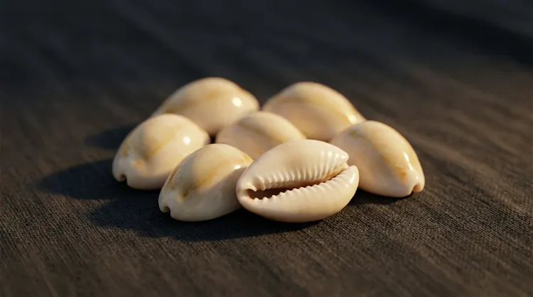 Macro close-up of a small pile of polished ivory-cream cowrie shells on dark linen with one highlight catching the topmost shell