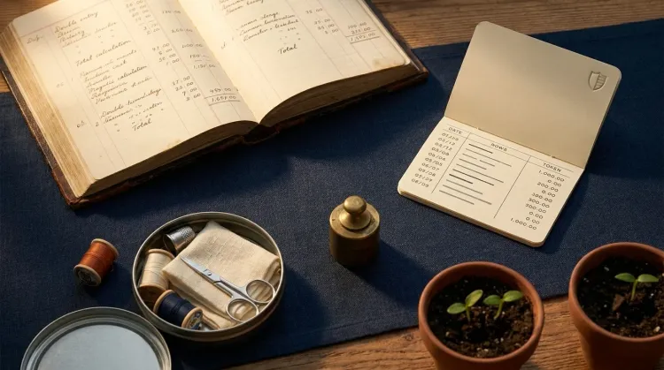 Depression-era memorabilia flat-lay: antique ledger book, passbook savings book, sewing kit, and a small vegetable garden