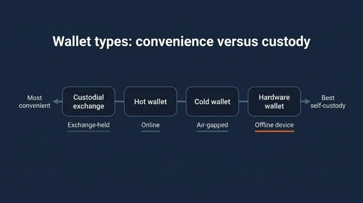 Cold wallet vs hot wallet spectrum: custodial exchange, hot wallet, cold wallet, and hardware wallet ranked on self-custody