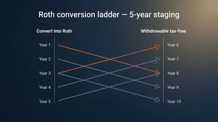 Roth conversion ladder: Year 1-5 conversions linked to Year 6-10 tax-free withdrawals, Year 1 in burnt orange