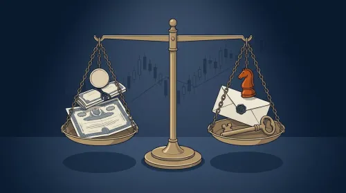 Brass balance scale weighing public-market and alternative investments exposure on deep navy editorial backdrop