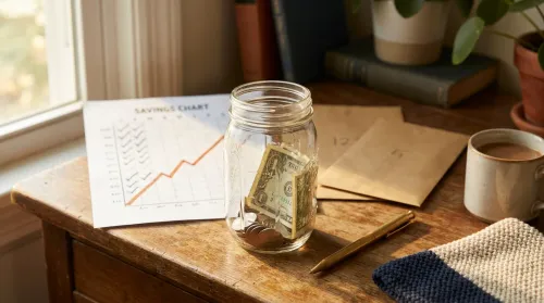 A glass savings jar beside a printed tracker and numbered envelopes on a sunlit wood desk, a budget challenge setup