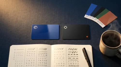 Color psychology brand cards: cobalt and matte-black fintech mockups beside a handwritten archetype notebook on a navy desk
