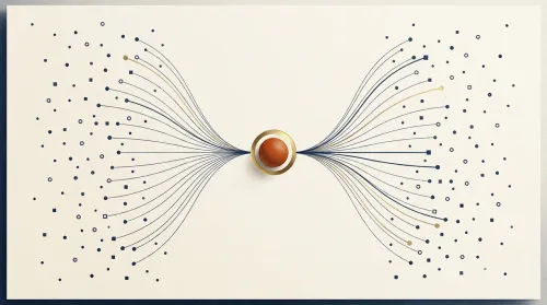 Many small navy contributor nodes converging with thin threads toward a central burnt-orange hub, a crowdsourcing motif