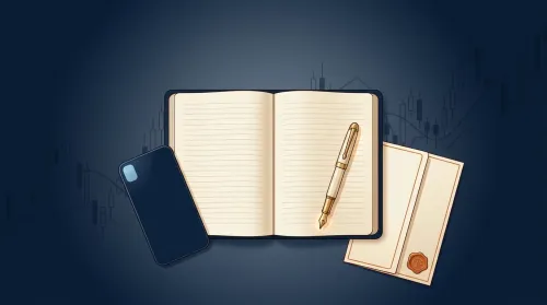 Disciplined trading workspace with decision journal, brass pen, and phone face-down on deep navy, investor psychology toolkit