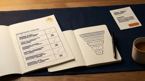 Diversity in finance audit: program-status report and promotion-gate notebook on a navy desk