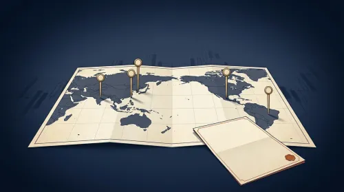 Cream world map on deep navy with brass pins marking emerging market investment regions and a portfolio document