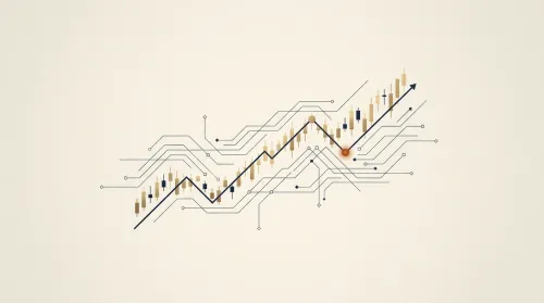 A financial line chart woven with a restrained navy circuit lattice and one burnt-orange node, a sober finance AI motif