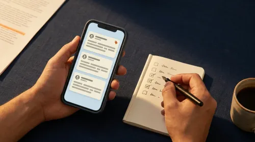 Hands vetting a finance content feed on a phone beside a financial literacy checklist notebook on a navy desk
