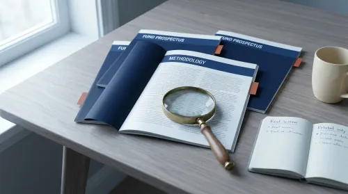 Fund prospectus open to a methodology page with a magnifying glass and a comparison notebook for ethical investing research