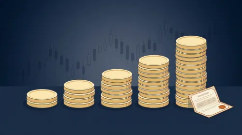 Five gold-coin stacks ascending in height from left to right on deep navy, illustrating dividend investing 2026 compounding