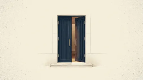 A tall navy-and-brass gate ajar with warm light in the gap, showing how to invest in private equity as access opens